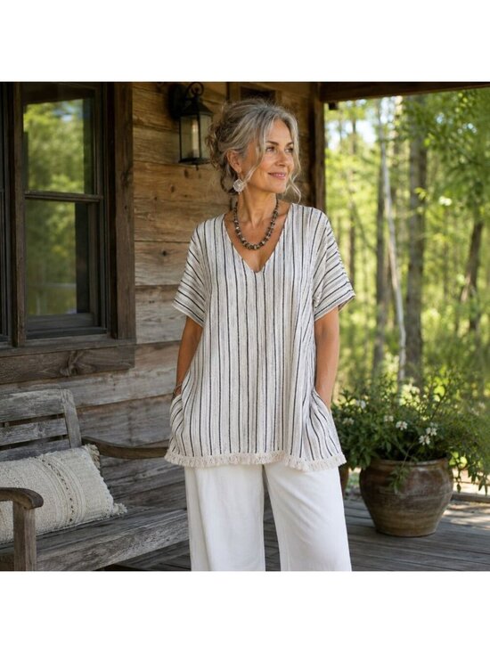 Joah Tops - Lagenlook Womens Sz L Tunic Fringe Oversized Boho Earthy Granola Neutral Beachy